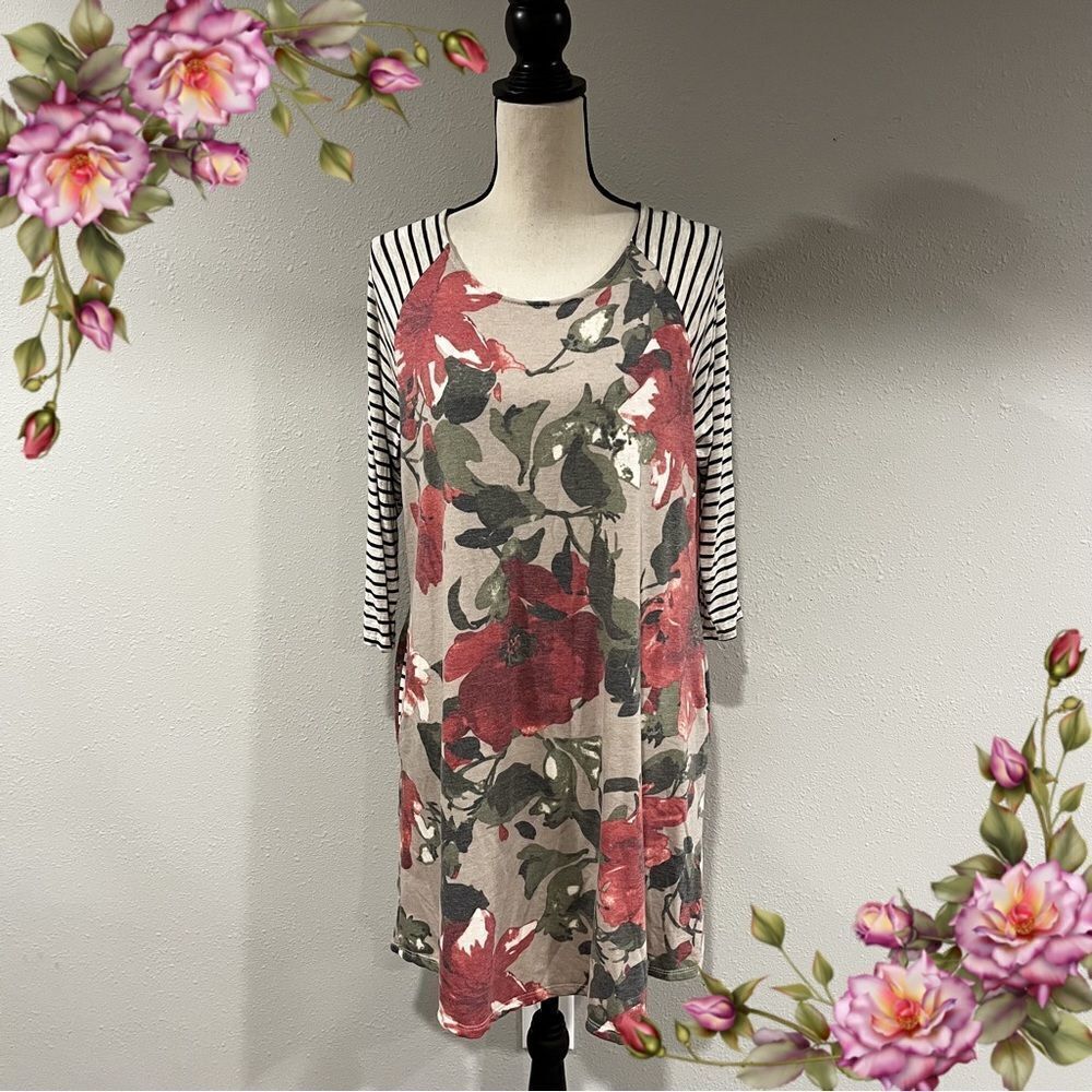 Loose fit floral striped Long sleeve dress